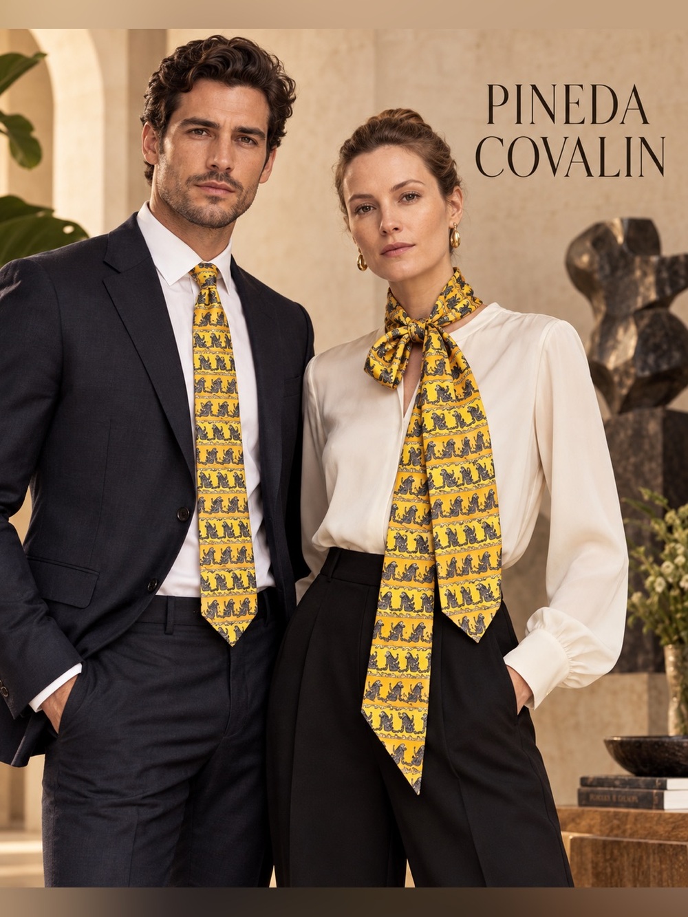 Pineda Covalin Yellow Patterned Men's luxury Silk Tie Animal Motif Traditional
